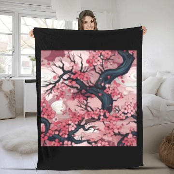 Discover Anime Euphoria: Fantasy Cherry Blossom Dreamscape Fleece Blankets