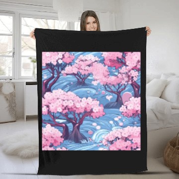 Discover Anime Euphoria: Fantasy Cherry Blossom Dreamscape Fleece Blankets