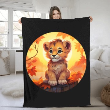 Discover Lion Cub in Autumn Leaves - Romantic Sunset Design Fleece Blankets