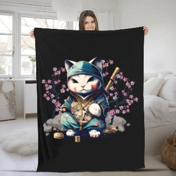 Discover Samurai Cat Anime Kawaii Japanese Style Fleece Blankets