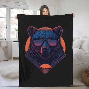 Discover Synthwave Bear with sunset Fleece Blankets