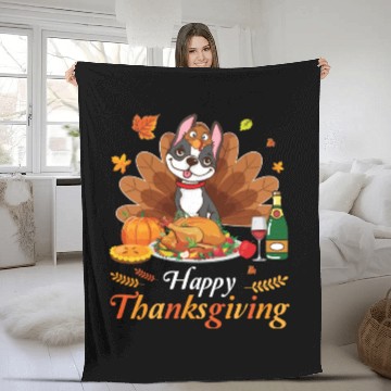 Discover Boston Terrier Turkey Costume Wine Pie Pumpkin Fleece Blankets