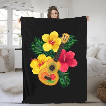 Discover Hawaii Ukulele and Hibiscus Flowers Summer Fleece Blankets