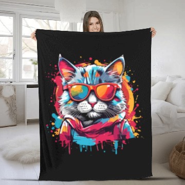 Discover Funny Design Color Cat Wearing Sunglasses Meow Fleece Blankets