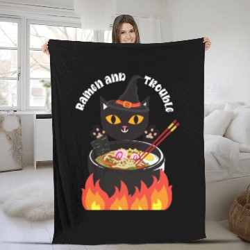 Discover Halloween Black Cat, Ramen and Trouble Fleece Blankets