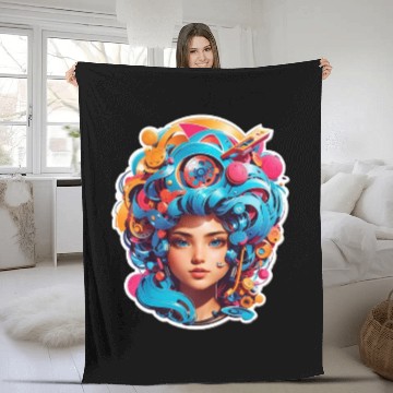 Discover Psychedelic girl with multi color hair. futuristic Fleece Blankets