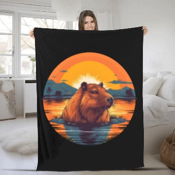 Discover Sunset Serenity: Rustic Capybara Stripe Illustrate Fleece Blankets
