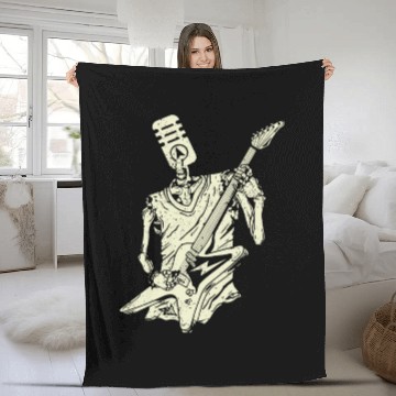 Discover Funny Microphone Skeleton Playing Electric Guitar Fleece Blankets