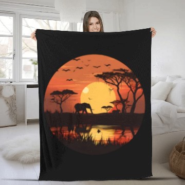 Discover Africa Elephant Sunset Design Fleece Blankets