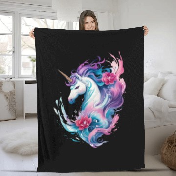 Discover Floral Enchantment: Unicorn in Water Waves Splash Fleece Blankets