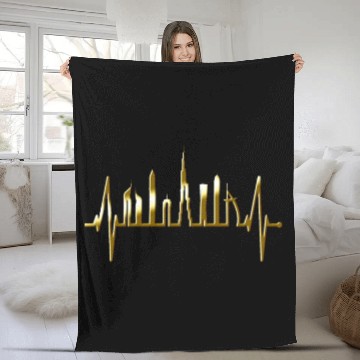 Discover Dubai Skyline Heartbeat Burj Khalifa Silhouette Fleece Blankets