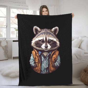 Discover Raccoon on Orange Jacket Sticker Fleece Blankets