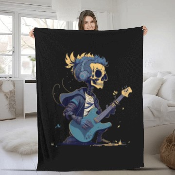 Discover Cool Skeleton Playing The Guitar Character Funny Fleece Blankets