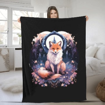Discover Celestial moon flower fox sitting tall Fleece Blankets