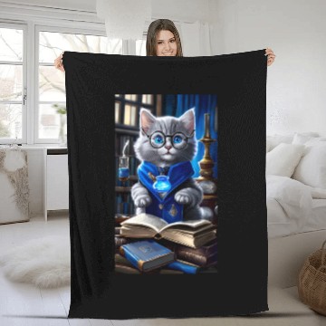 Discover The Raven-claw Kitten Scholar: A Feline Journey. Fleece Blankets