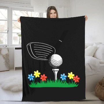 Discover Golf stick and ball on grass field with flowers Fleece Blankets