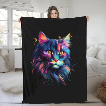 Discover Cat Face MaineCoon Cat In Color Fleece Blankets