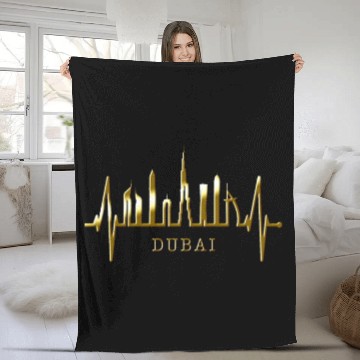 Discover Dubai Skyline Heartbeat Burj Khalifa Silhouette Fleece Blankets