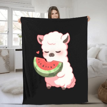 Discover Adorable Kawaii Llama Savoring Sweet Watermelon Fleece Blankets
