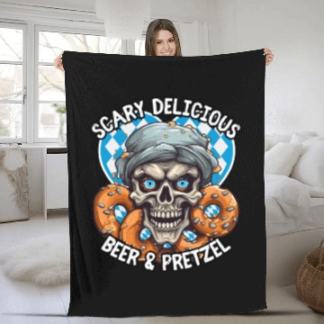 Discover Skull beer and pretzel - Scary delicious Fleece Blankets