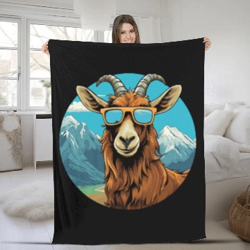 Discover A goat with sunglasses in the mountains Fleece Blankets