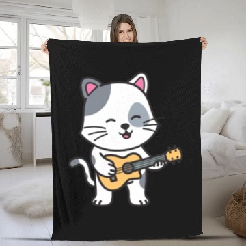 Discover Rock Cat Playing Guitar - Funny Guitar Cat Fleece Blankets