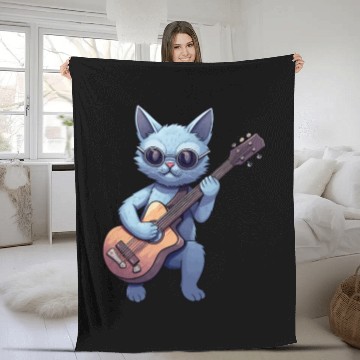 Discover Rock Cat Playing Guitar - Funny Guitar Cat Fleece Blankets