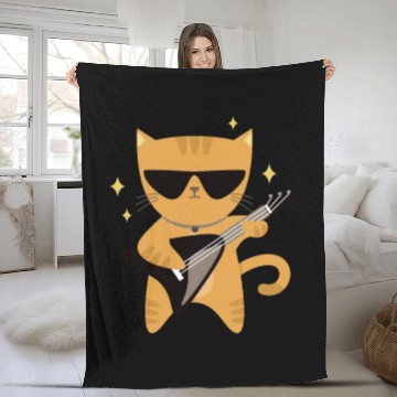 Discover Rock Cat Playing Guitar - Funny Guitar Cat Fleece Blankets