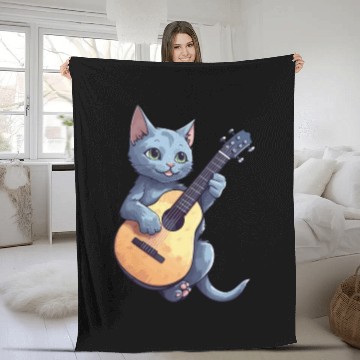 Discover Rock Cat Playing Guitar - Funny Guitar Cat Fleece Blankets