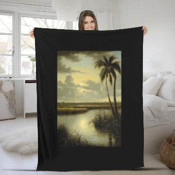 Discover Tropical Landscape with Palm Tree and Water Fleece Blankets