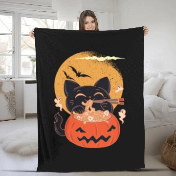 Discover Kawaii Creepy Cat Eating Ramen Noodles Halloween Fleece Blankets