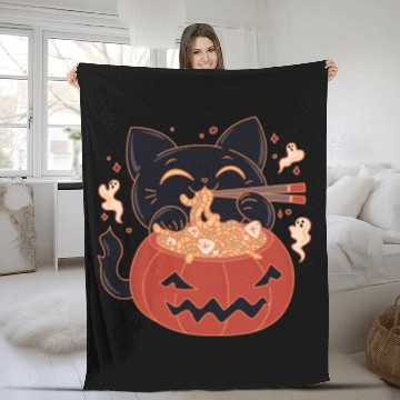 Discover Kawaii Creepy black Cat Eating Ramen Noodles Fleece Blankets