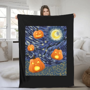 Discover Starry Night with Pumpkins Funny Halloween Art Fleece Blankets
