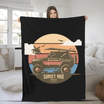 Discover Sunset Ride - Beach Jeep - Groovy California T-Shi Fleece Blankets