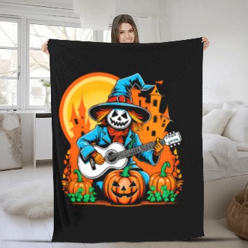 Discover Happy Halloween scarecrow plays guitar Fleece Blankets