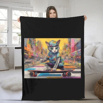 Discover Skateboarding Cat in a colorful city Fleece Blankets
