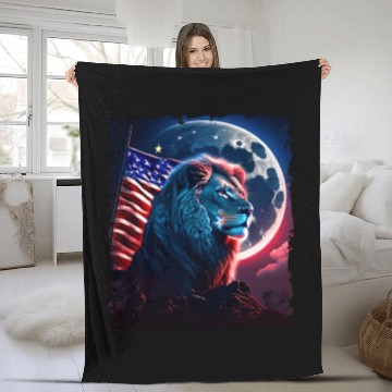 Discover America lion under Moon with American Flag Fleece Blankets