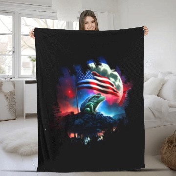 Discover America frog under Moon with American Flag Fleece Blankets