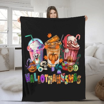 Discover Happy Hallothanksmas Coffee Latte Halloween Fleece Blankets