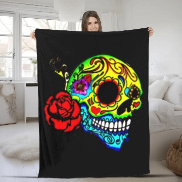 Discover Candy Skull Red Rose Fleece Blankets