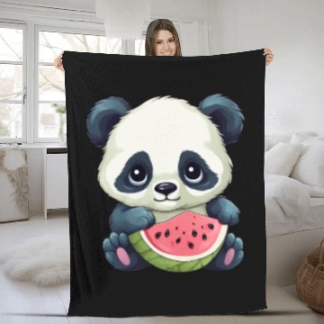 Discover Cute panda girl with watermelon Fleece Blankets