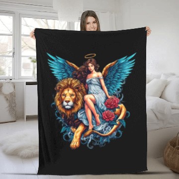 Discover Pretty angel on lion with flowers Fleece Blankets