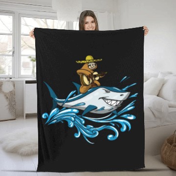 Discover Lazy Sloth With Guitar Riding Shark Fleece Blankets