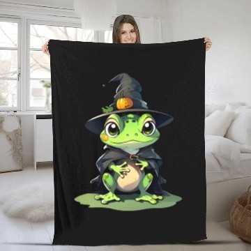 Discover Cute Halloween frog with a witch hat. Fleece Blankets