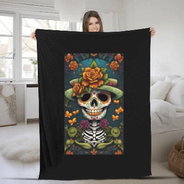 Discover Sugar Skull Man In Good Luck Green With Flowers Fleece Blankets