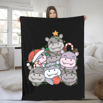 Discover Hippo Christmas Tree Funny Animal Christmas Fleece Blankets