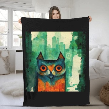 Discover Mod Owl: Watercolor CIty Owl Fleece Blankets