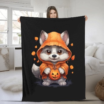 Discover Cute Halloween Wolf With Pumpkin Lanterns Fleece Blankets