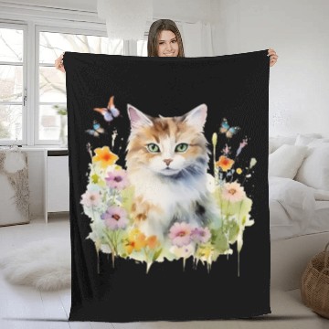 Discover CAT Watercolor Flowers Butterflies Fleece Blankets