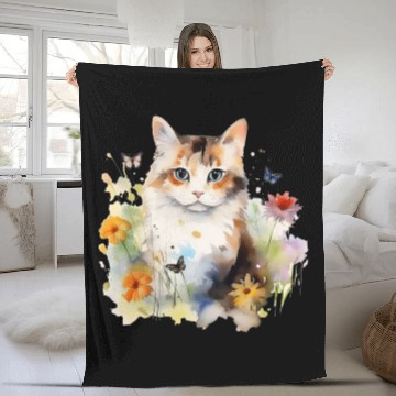 Discover Watercolor Cat Flowers & Butterflies Fleece Blankets